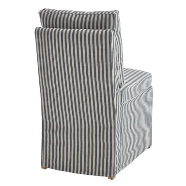 A single-seater armchair upholstered in a striped fabric. The armchair has a high back and a separate cushion for the seat. The upholstery features a repeating pattern of thin, dark blue or gray stripes alternating with white or cream stripes. The base of the armchair is covered by the upholstery, with very short, light-colored wooden feet visible at the bottom corners. — 3D model