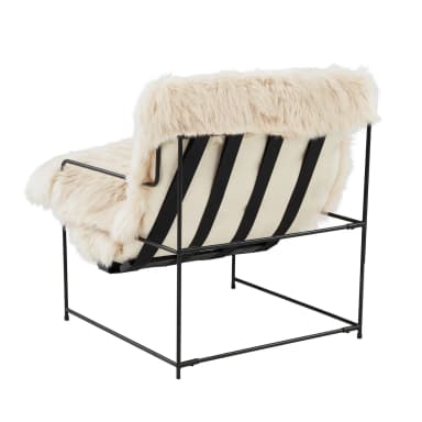 A modern armchair featuring a minimalist black metal frame and plush, cream-colored faux fur upholstery covering the seat, back, and armrests. The frame has a clean, geometric design with slender legs and supports. The fur is long and textured, giving the chair a soft, inviting appearance. — 3D model
