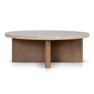 A round coffee table with a thick, light-colored stone top and a solid wooden base. The base features a cross-shaped pedestal with curved, rectangular supports that connect to the underside of the tabletop. — 3D model