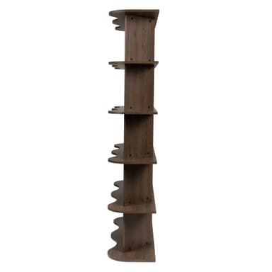 A tall, open bookshelf with a dark wood veneer finish. The bookshelf features five shelves with a distinctive wave-like or undulating contour on the front edge. It has a vertical support structure on each side and in the center, creating a multi-level display area. The overall design is modern and organic. — 3D model