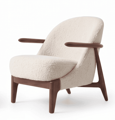 A contemporary armchair featuring an exposed dark wood frame with a curved backrest and integrated armrests. The seat and back are generously upholstered in a cream or off-white boucle fabric, providing a textured and plush appearance. The legs are tapered and splayed, contributing to an elegant and lightweight silhouette. — 3D model