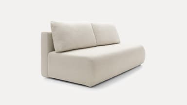 An armless two-seater loveseat upholstered in a textured, off-white bouclé fabric. It features a low-profile silhouette with two separate back cushions and a clean, minimalist design. — 3D model