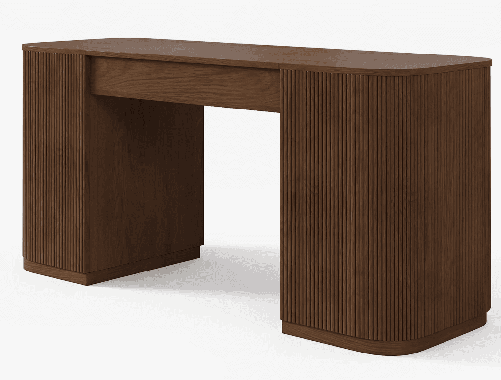 A contemporary desk constructed from dark brown wood, featuring vertical fluted detailing on the side panels and rounded corners. It has a single, integrated drawer or pull-out compartment positioned centrally beneath the tabletop, offering discreet storage. The desk stands on a recessed, plinth-style base that mirrors the rounded shape of the top. — 3D model