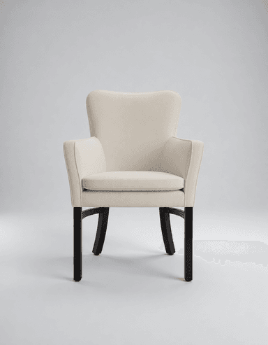 An elegantly designed upholstered dining armchair featuring a high, slightly curved back and padded armrests. The chair is covered in a light, neutral-toned fabric, likely linen or a blend, and stands on four dark, tapered solid wood legs, with the rear legs subtly curved for stability and style. The overall design suggests a contemporary or transitional aesthetic, offering both comfort and sophisticated style. — 3D model