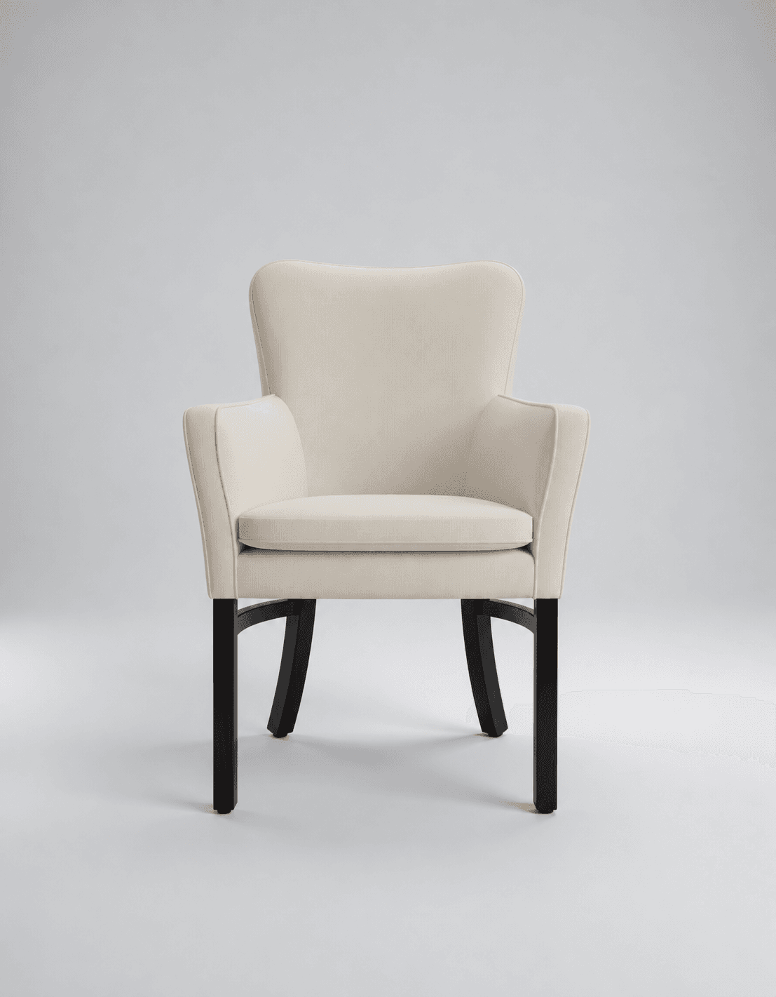 An elegantly designed upholstered dining armchair featuring a high, slightly curved back and padded armrests. The chair is covered in a light, neutral-toned fabric, likely linen or a blend, and stands on four dark, tapered solid wood legs, with the rear legs subtly curved for stability and style. The overall design suggests a contemporary or transitional aesthetic, offering both comfort and sophisticated style. — 3D model