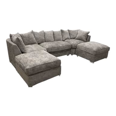 A large, U-shaped sectional sofa with plush cushioning and wide armrests. The sofa features multiple seating sections and two detachable chaises or ottomans, one on each end of the 'U'. It includes two decorative throw pillows. The sofa appears to be upholstered in a textured fabric. — 3D model