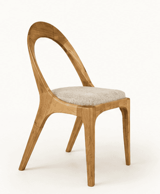 A contemporary side chair featuring a unique curved wooden frame and an upholstered seat. — 3D model