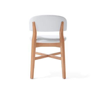 A modern armchair with a curved backrest and seat, supported by a wooden frame. The seat and backrest appear to be upholstered in a dark material, possibly leather or a synthetic imitation, with a lighter, possibly white or light gray, upholstered outer shell on the back. The frame consists of four legs connected by crossbars, with the back legs extending upwards to form the support for the backrest. The wood is light-colored and has a smooth finish. — 3D model