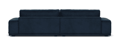 A modern, deep navy blue upholstered sofa with a low profile and plush cushions. It features clean lines, a square armrest on the left, and appears to be a modular or two-seat design, with visible seams dividing the seat and back cushions. — 3D model