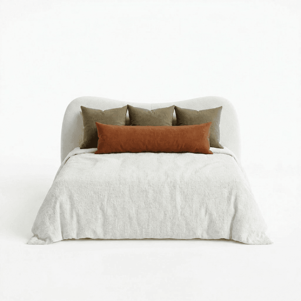 A bed with a curved, upholstered headboard and a light-colored textured comforter. It is adorned with several decorative pillows: a long lumbar pillow in a rust color, and three square pillows in an olive green hue, arranged behind the lumbar pillow. The bed appears to be a queen or king size. — 3D model