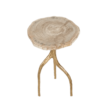 A small, round accent table with a top that resembles a cross-section of a petrified wood log. The base consists of three organically shaped, branch-like legs made of metal. — 3D model