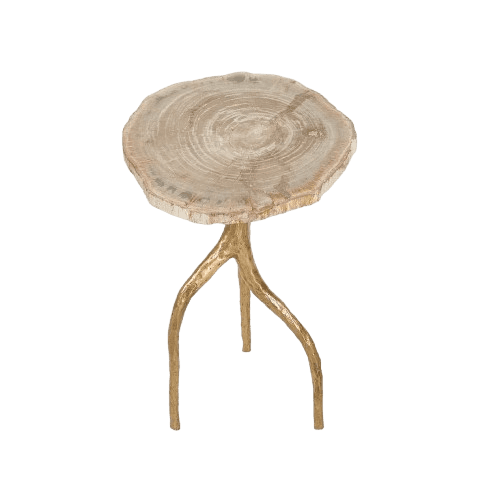 A small, round accent table with a top that resembles a cross-section of a petrified wood log. The base consists of three organically shaped, branch-like legs made of metal. — 3D model