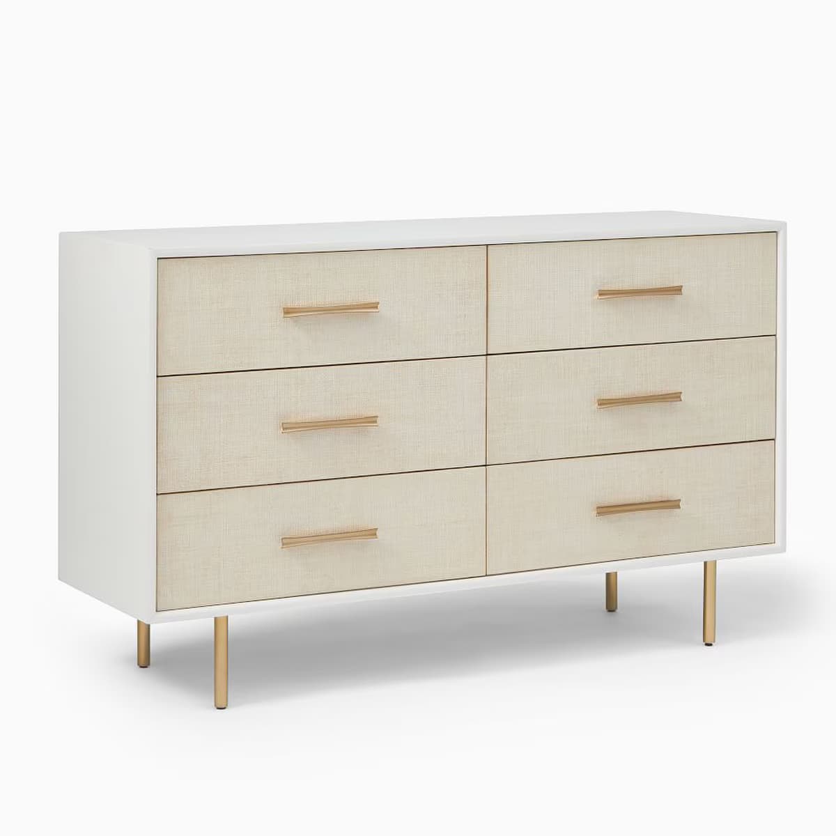 A modern dresser featuring a clean white frame, six drawers with textured light beige grasscloth fronts, and sleek gold-toned brass hardware and tapered legs. The dresser has a minimalist design with a focus on contrasting textures and materials. — 3D model