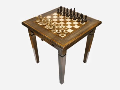 A dark stained wooden game table featuring an inlaid chessboard surface, tapered legs, and a single drawer, with chess pieces set up for play. — 3D model
