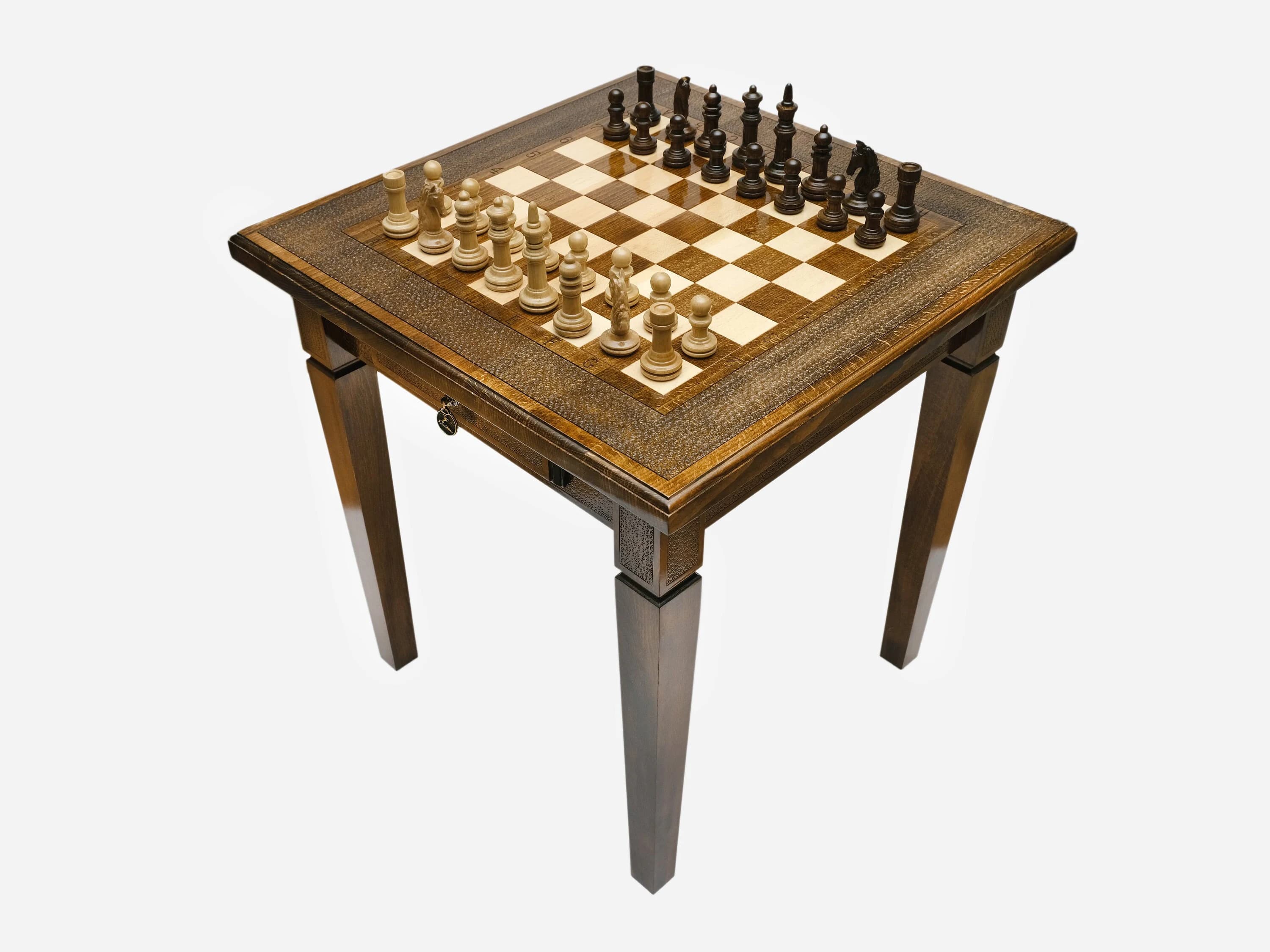 A dark stained wooden game table featuring an inlaid chessboard surface, tapered legs, and a single drawer, with chess pieces set up for play. — 3D model