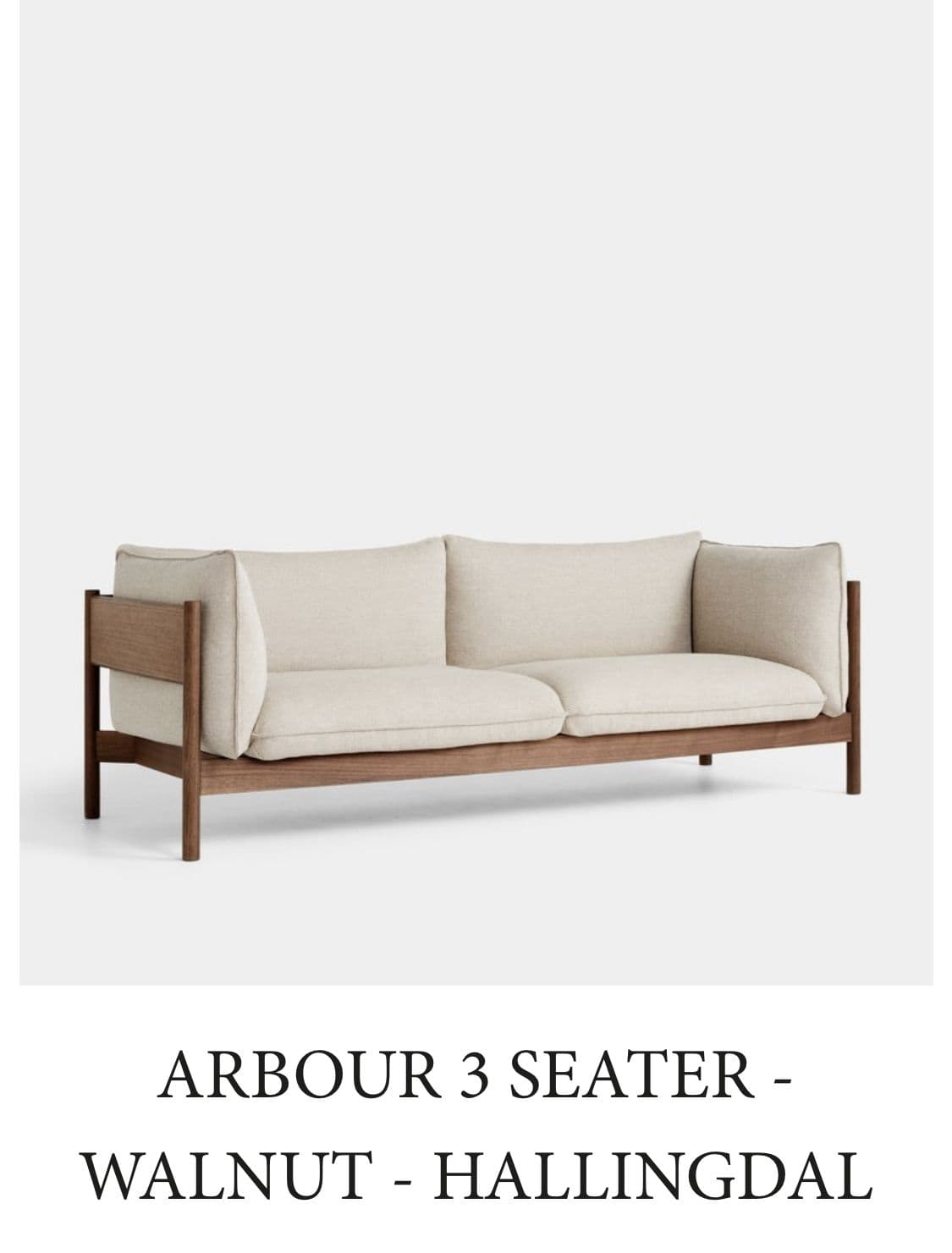 A modern two-seater sofa featuring a distinctive exposed wooden frame. The frame forms the base, legs, and partial sides, encasing plush, upholstered cushions. The cushions, for both the seat and back, are loose and covered in a light beige or cream fabric, distinguished by subtle piping along their edges. The armrests are formed by a curved upholstered section resting within the wooden frame, offering a clean and minimalist aesthetic. — 3D model