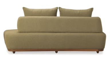 An upholstered sofa featuring a muted olive green, textured fabric, a distinctive tapered backrest, and an exposed wooden base with small, rounded feet. It includes two loose back cushions. — 3D model