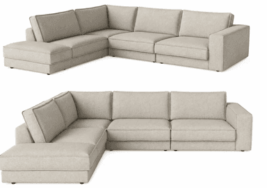 A modern, modular sectional sofa with light beige fabric upholstery, featuring a chaise lounge component on the left side, an armrest on the right, and a low-profile design. The individual modules are clearly defined, creating a flexible seating arrangement. — 3D model
