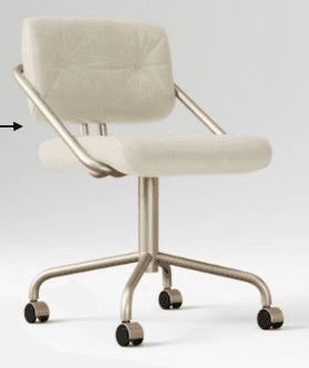 A modern swivel desk chair featuring a padded cream-colored seat and backrest, supported by a gold-finished metal frame. The backrest is lightly tufted with two buttons. The chair has fixed armrests integrated into the frame and a five-star base with casters for mobility. The design is sleek and contemporary. — 3D model