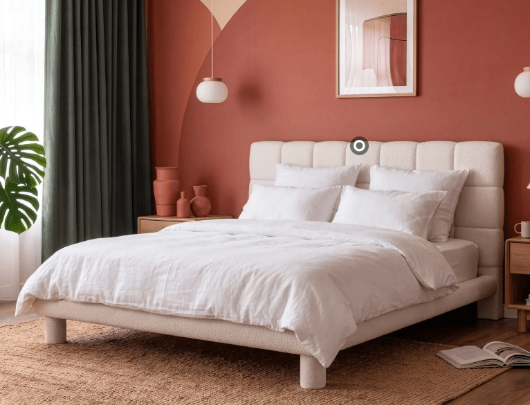 A contemporary upholstered platform bed featuring a grid-tufted headboard and a fully upholstered frame, all in a light, textured fabric. — 3D model
