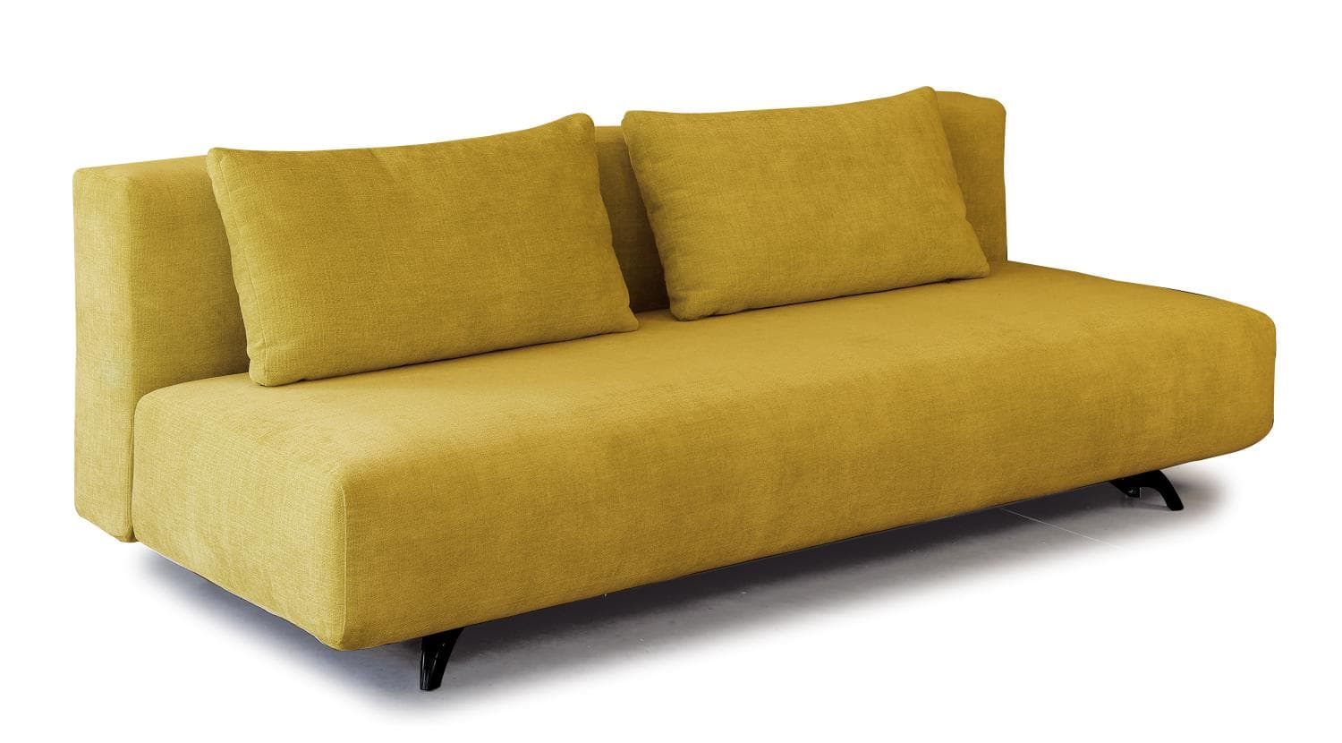 A contemporary sofa with a low profile and square arms. It features a textured fabric upholstery in a mustard yellow hue. Two loose back cushions are positioned against the backrest. The sofa is supported by four angled black legs. — 3D model