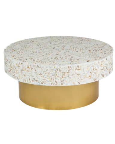 A round coffee table featuring a mother-of-pearl inlay top and a brass drum base. The inlay forms an elaborate vine and leaf pattern across the entire top surface and down the sides of the tabletop. The base is a contrasting smooth, polished brass cylinder. — 3D model
