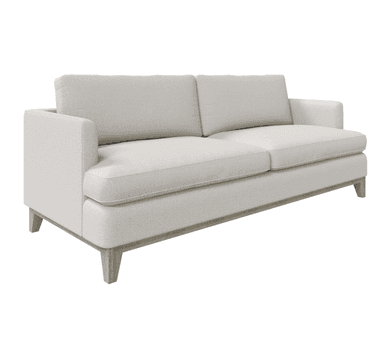 A contemporary two-seater sofa with a light-colored, textured fabric upholstery and a visible wooden base and legs. The sofa features a clean, rectangular design with integrated armrests and two plush back cushions. — 3D model
