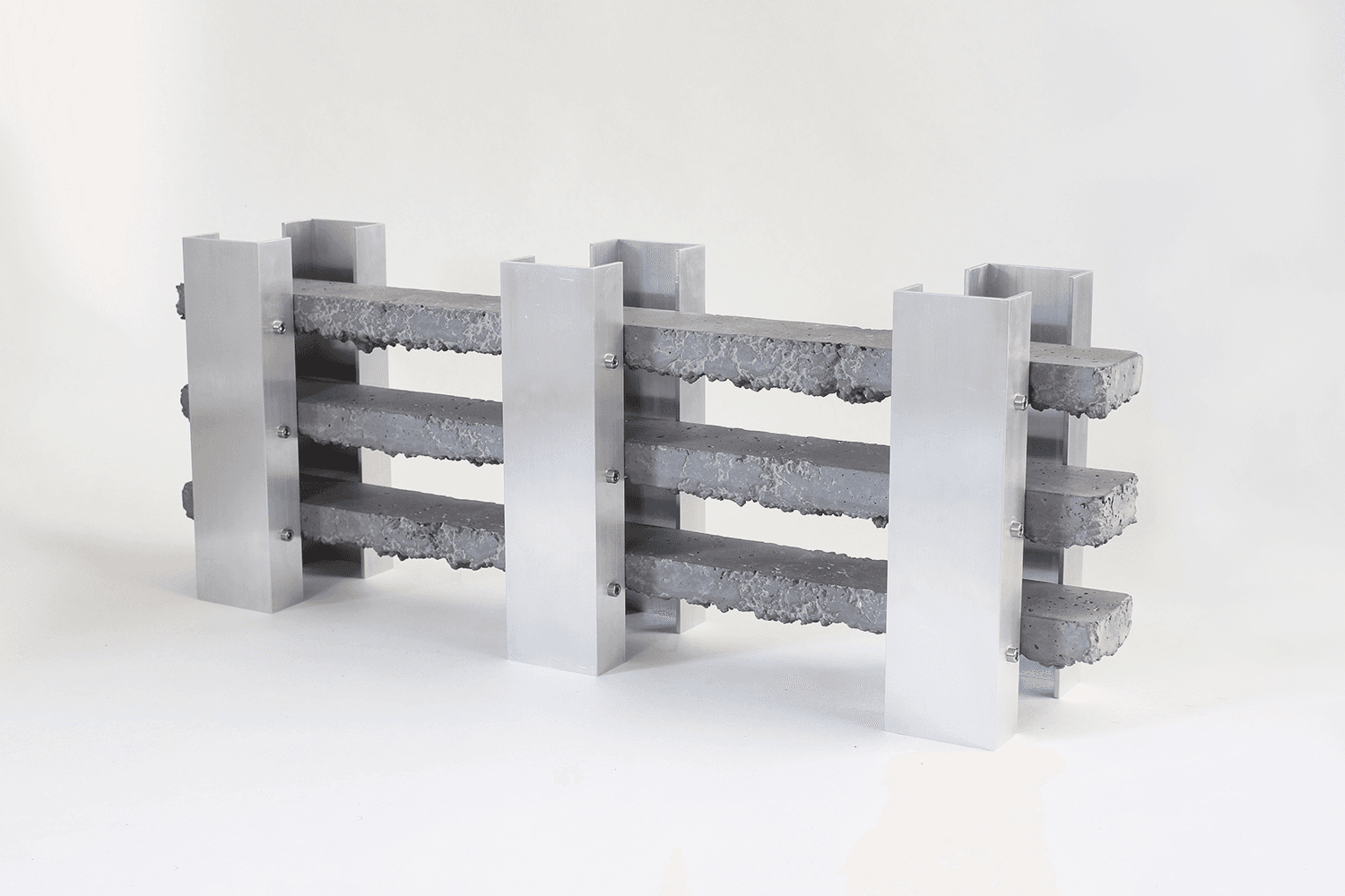 A sculptural piece composed of three horizontal concrete beams supported by four vertical aluminum posts. The concrete beams exhibit a rough, textured surface with visible aggregate. The aluminum posts are U-shaped channels, and the concrete beams are secured to them with visible bolts and nuts. The overall aesthetic is industrial and minimalist. — 3D model