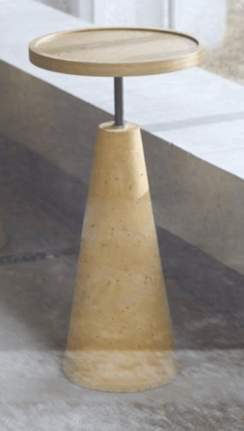 A tall, slender pedestal side table featuring a round, light-toned wooden top with a raised rim, supported by a slim dark metal stem. The stem connects to a substantial inverted conical base made of a light beige, speckled material, likely concrete or a stone composite. — 3D model