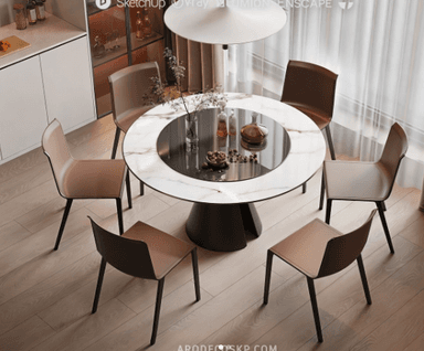 A contemporary round dining table featuring a white marble-patterned top with grey veining, a central dark, glossy rotating surface (lazy Susan), and a dark, sculptural pedestal base with a unique cut-out design. — 3D model
