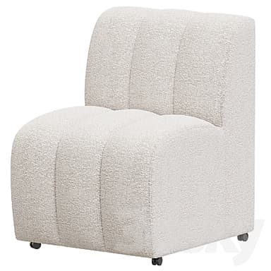An off-white, armless modular chair upholstered in a textured bouclé fabric. The seat and backrest feature distinctive vertical channel tufting. The chair has a rounded, contemporary profile and is equipped with small casters on its base for mobility. — 3D model