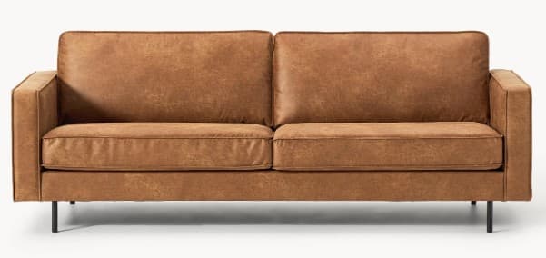 A two-seater sofa with a contemporary design. It features a low profile, clean lines, and square arms. The upholstery appears to be a distressed brown leather or faux leather, giving it a vintage or aged look. The sofa is supported by thin, black metal legs. — 3D model