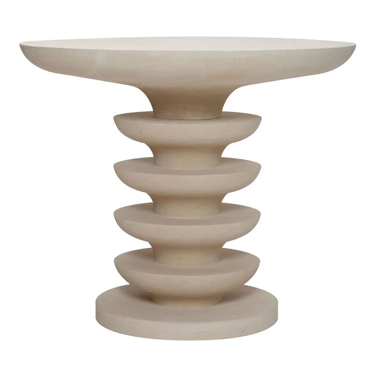 A side table with a distinctly sculptural base. The base is composed of multiple stacked, disc-like elements that vary in diameter, creating an hourglass-like silhouette. The top is wide and flat, with a slightly curved edge, resembling a broad mushroom cap. The overall form is organic and somewhat abstract. The material appears to be a light-colored composite or stone. — 3D model