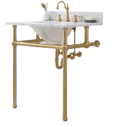 A vintage-style console vanity featuring a white marble countertop and backsplash, supporting a white ceramic sink. The vanity has a polished brass metal frame with four legs and horizontal support bars. It is equipped with a brass faucet with cross handles and a soap dish. Visible plumbing components are also present. — 3D model