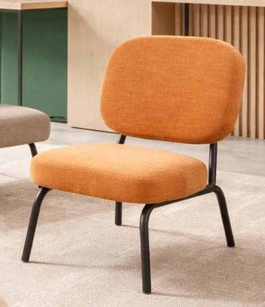 A modern accent chair with a rounded back and seat, upholstered in an orange textured fabric. The chair features slender, black metal legs that are angled outwards, providing a minimalist base. The design is clean and contemporary, lacking armrests. — 3D model