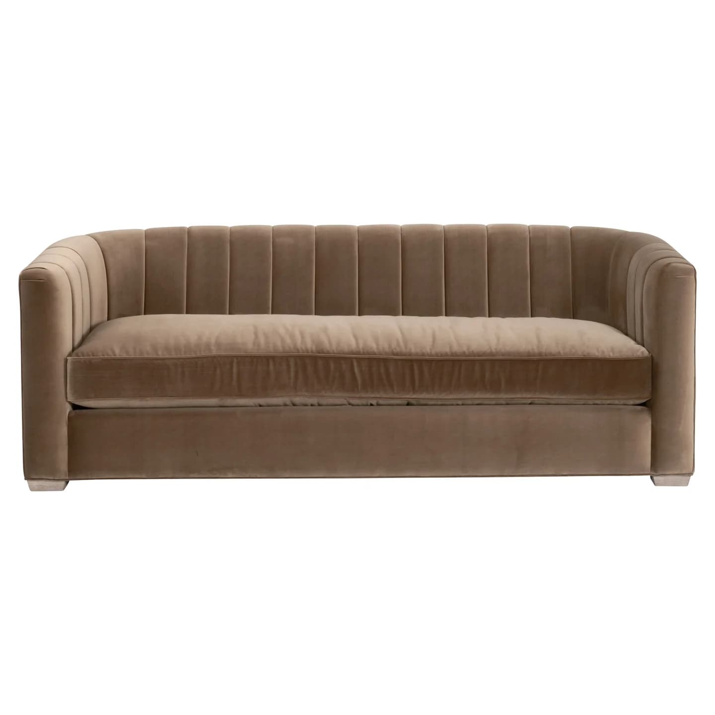 A contemporary sofa featuring a sleek, rectangular silhouette with gently rounded arms and a distinctive channel-tufted backrest. Upholstered in a plush, taupe-colored velvet fabric, it includes a single, long seat cushion and sits on subtle, recessed feet. — 3D model
