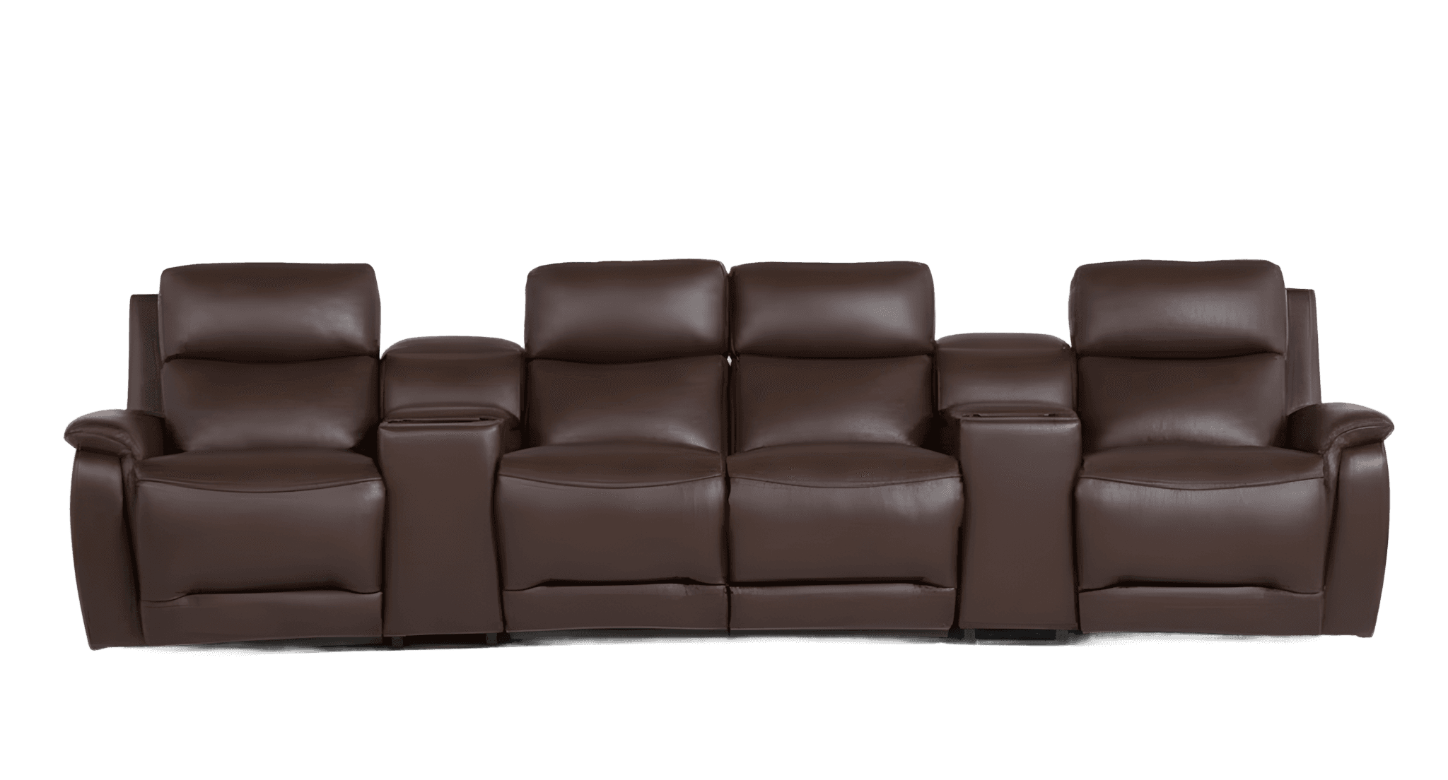 A contemporary four-seat reclining sofa upholstered in dark brown leather or faux leather, featuring plush, overstuffed cushions, rolled arms, and integrated cup holders within the console armrests between each seat. — 3D model