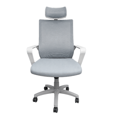A modern ergonomic office chair featuring a grey mesh backrest, a padded light grey fabric seat, fixed white plastic armrests, and a five-star base with casters. It includes an adjustable headrest with a mesh covering. — 3D model