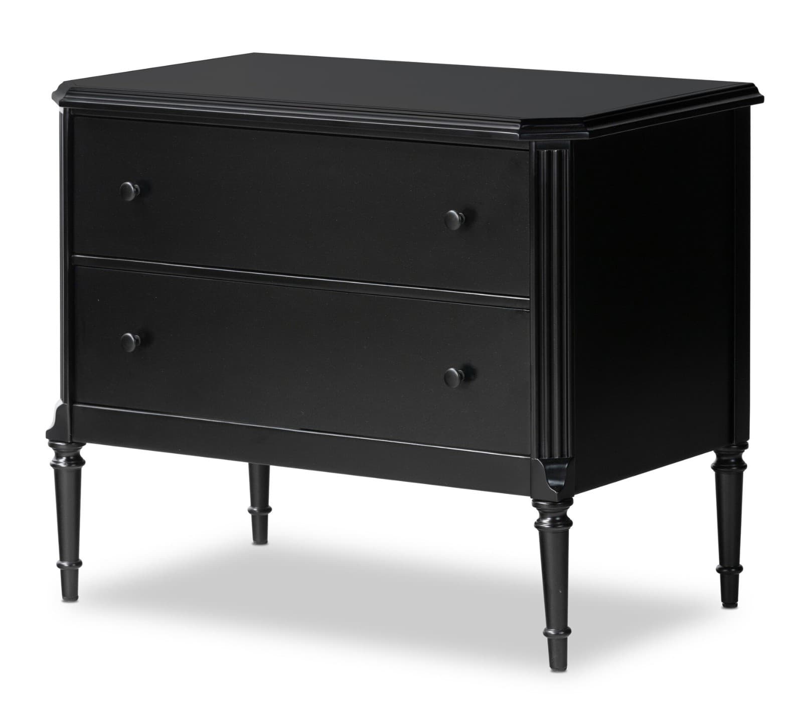 A two-drawer chest of drawers with a classic design. It features a rectangular top with a decorative molded edge. The front of the chest has two drawers, each with a round knob handle. The drawers have a flat panel design. The sides of the chest have fluted pilasters. The chest is supported by four turned legs. — 3D model