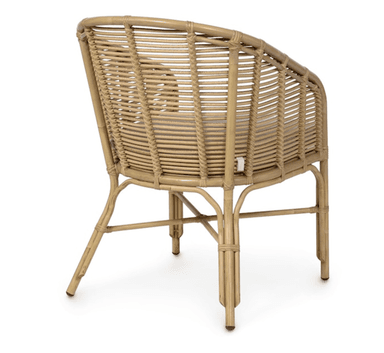 A natural rattan armchair with a rounded back and integrated arms, featuring a tightly woven seat and backrest, supported by a sturdy rattan frame. — 3D model