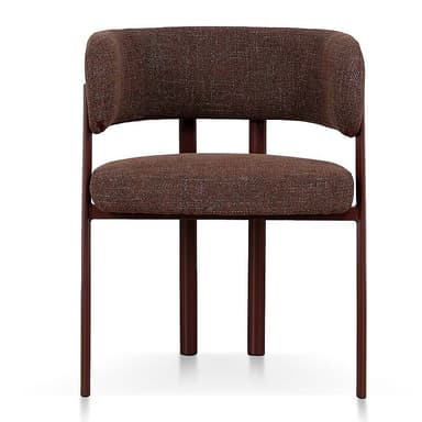 An armless contemporary chair featuring a textured brown fabric upholstery on both its seat and backrest. The chair is supported by a slender, dark brown tubular metal frame that forms the legs and provides structural support. A distinctive design element includes two prominent, vertical, cylindrical metal bars positioned centrally on the back, appearing to extend from the seat level upwards to frame the backrest. — 3D model