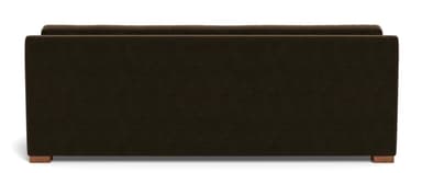A contemporary upholstered sofa, viewed from a rear-side angle, featuring straight track arms, a slightly sloped back, and short block-style wooden feet. The entire piece is covered in a dark brown, subtly textured fabric. — 3D model