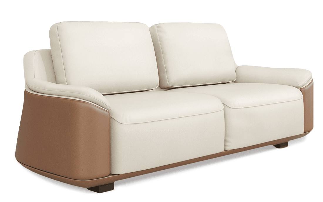 A modern two-seater loveseat featuring a distinctive bi-material design. The main seating area, back cushions, and interior armrests are upholstered in a light cream or off-white fabric or synthetic leather. The exterior of the armrests and a continuous band around the lower part of the base are covered in a contrasting medium-brown leather or faux leather. It has a low-profile design with plush seat and back cushions and gently curved armrests that integrate seamlessly with the base. The sofa sits on subtle, recessed dark block feet, contributing to its sleek and contemporary aesthetic. — 3D model