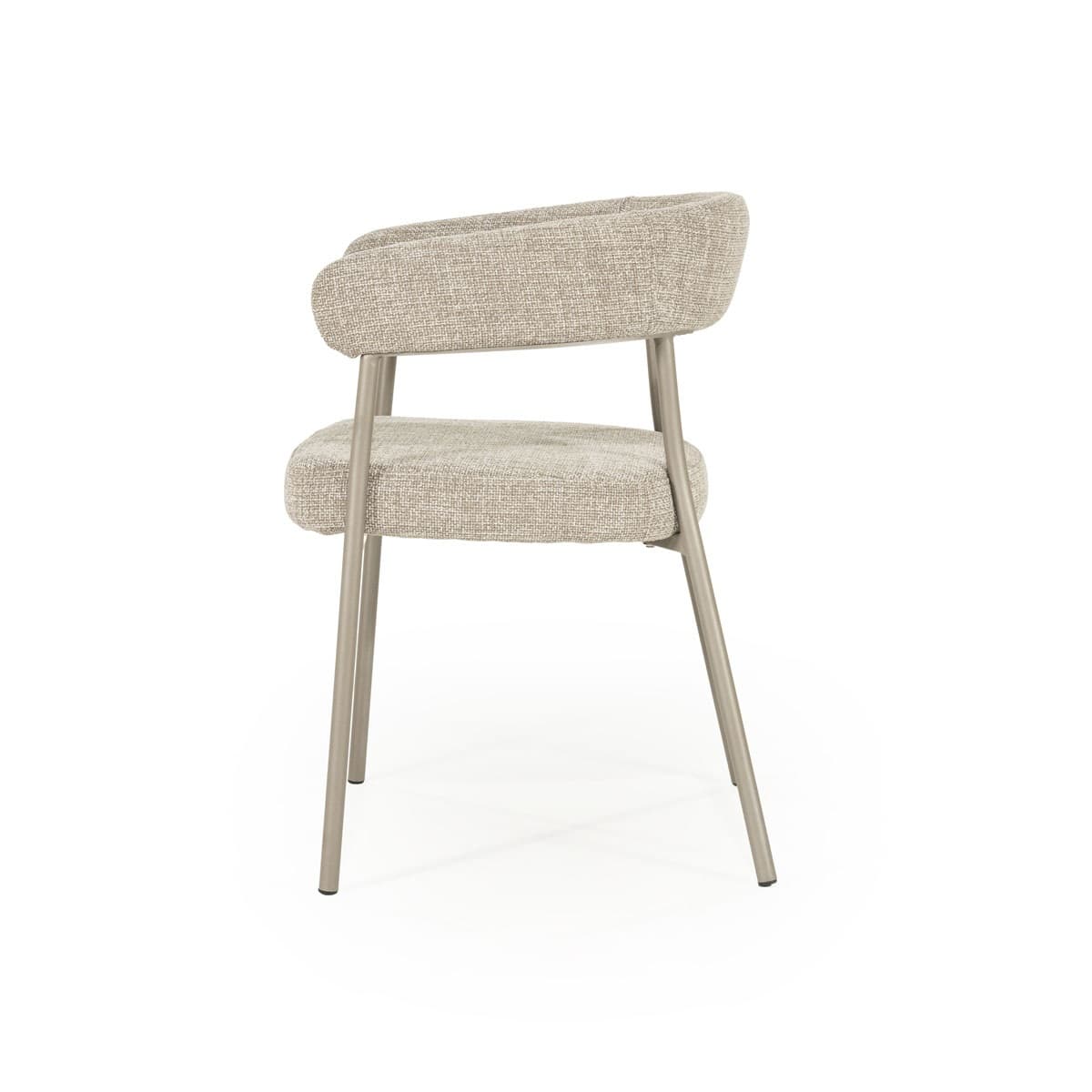 A contemporary armchair with a gently curved back and seat, upholstered in a textured beige fabric. The chair features slender, brushed metal legs and a minimalist frame, providing a modern aesthetic. — 3D model