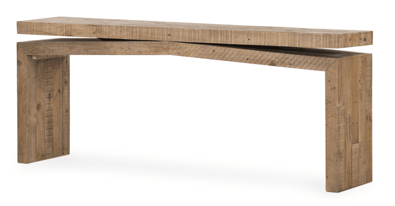 A long, narrow console table constructed from planks of reclaimed wood, featuring a distinctive layered tabletop and an architectural base with a subtly angled central support. — 3D model