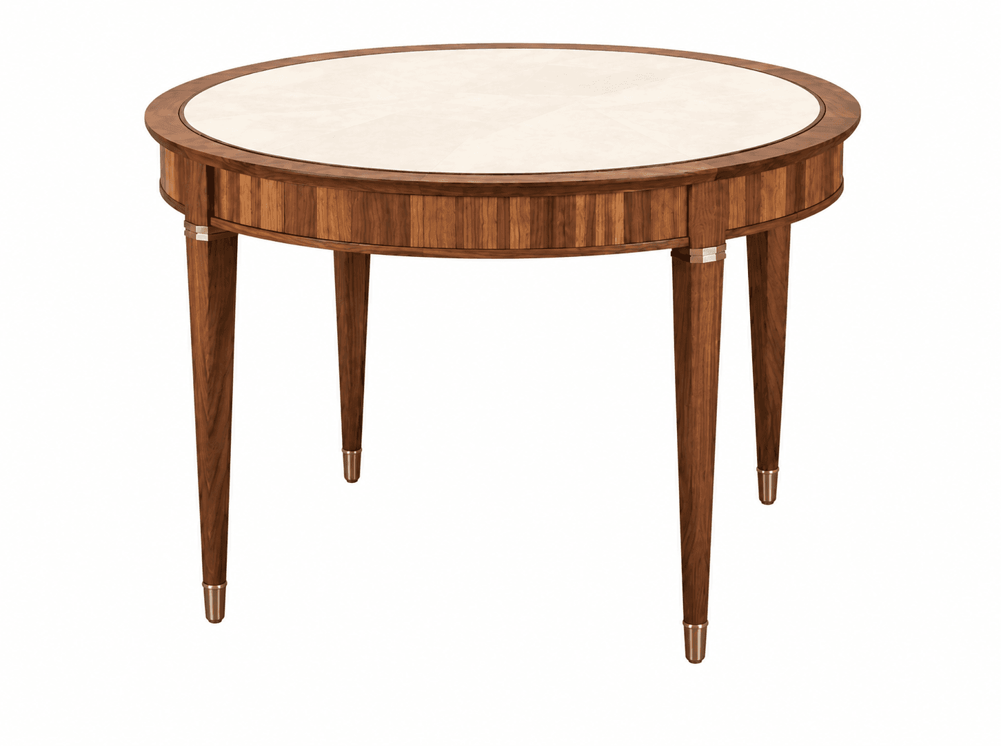 A round, wooden accent table featuring a light-colored, possibly inlaid, top surface. The apron is adorned with vertical fluting or segmented wood panels. It stands on four tapered legs finished with brass ferrules, and the legs are joined to the apron with brass ring accents. — 3D model