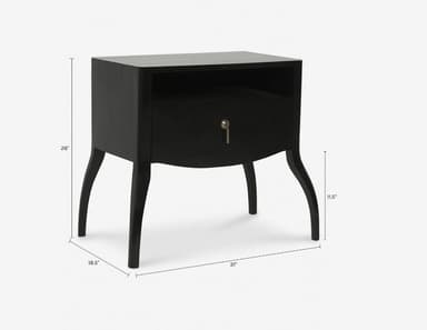 A sophisticated black nightstand featuring a sleek, glossy lacquer finish, an open cubby, and a locking drawer with a key. It stands on elegant curved legs, indicative of an Art Deco design influence. — 3D model