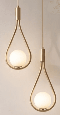A modern pendant light featuring a teardrop-shaped brass frame enclosing a spherical opal glass diffuser, suspended by a rigid rod from a circular ceiling canopy. — 3D model