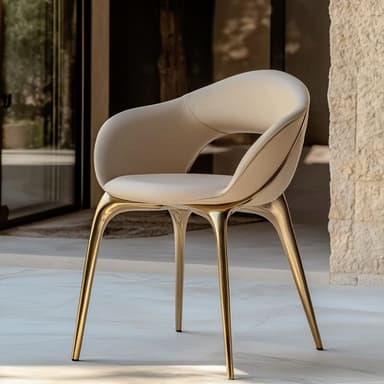 A contemporary armchair with a curved backrest and integrated armrests. The seat and back are upholstered in a light beige material. The chair is supported by four slender, gracefully curved legs with a metallic golden finish. — 3D model