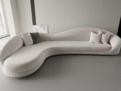 An off-white, serpentine-shaped sofa upholstered in a boucle fabric, featuring a continuous, undulating form with an integrated low backrest and no arms. It comes with four throw pillows, two off-white and two dark gray. — 3D model